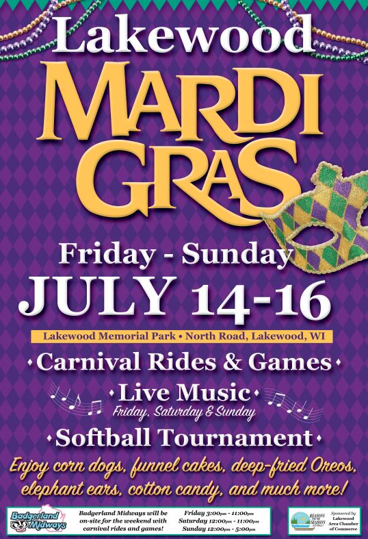 Lakewood Mardi Gras flyer on a white background